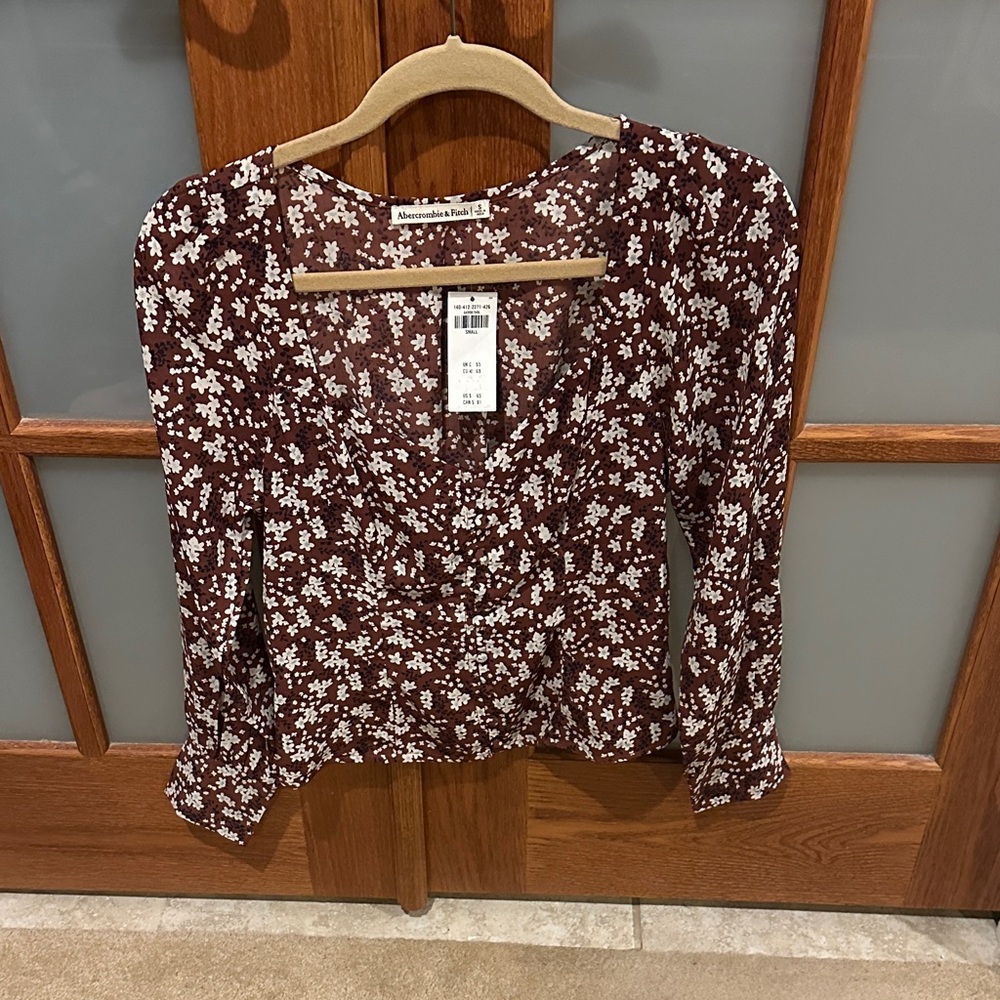 Abercrombie & Fitch Brown Floral Square Neck Puff Sleeve Blouse
